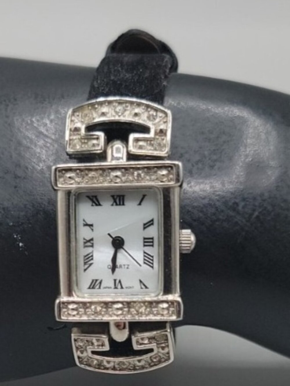 Vintage Avon Crystal Rhinestone Ladies Quartz Watch 7.5" Black Velvet Style Band